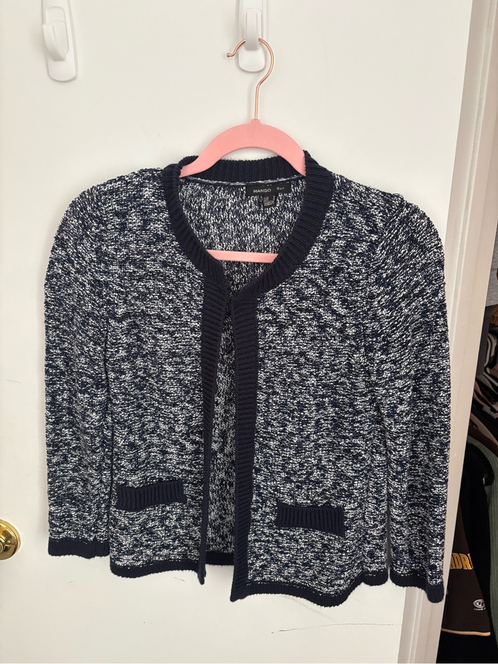 Mango Navy and White Marled Knit Crewneck Sweater